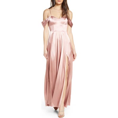 Sequin Hearts Cold Shoulder Satin Evening Gown, Pink