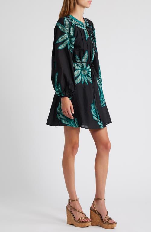 Shop Ciebon Viena Embroidered Long Sleeve Cotton Minidress In Black/green