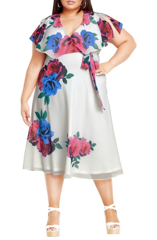 City Chic Rose Print Faux Wrap Dress in Ivory Bright Bloom at Nordstrom, Size Xs