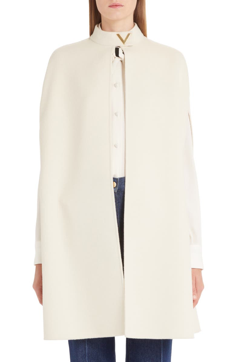 VALENTINO V-Detail Double Face Wool & Angora Rabbit Cape, Main, color, ALMOND