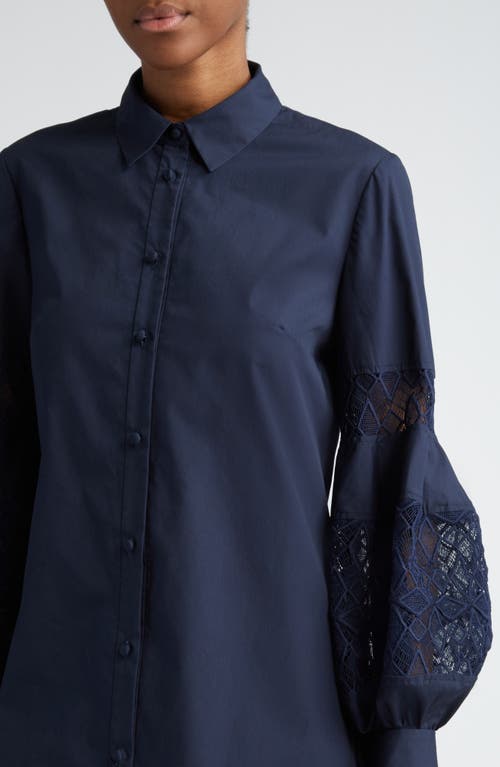 Shop Lela Rose Lace Inset Long Sleeve Stretch Cotton Shirtdress In Navy