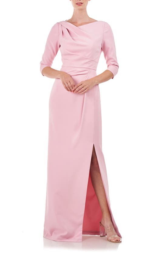 Kay Unger Margerite Pleated Side-slit Column Gown In Pink Mauve | ModeSens