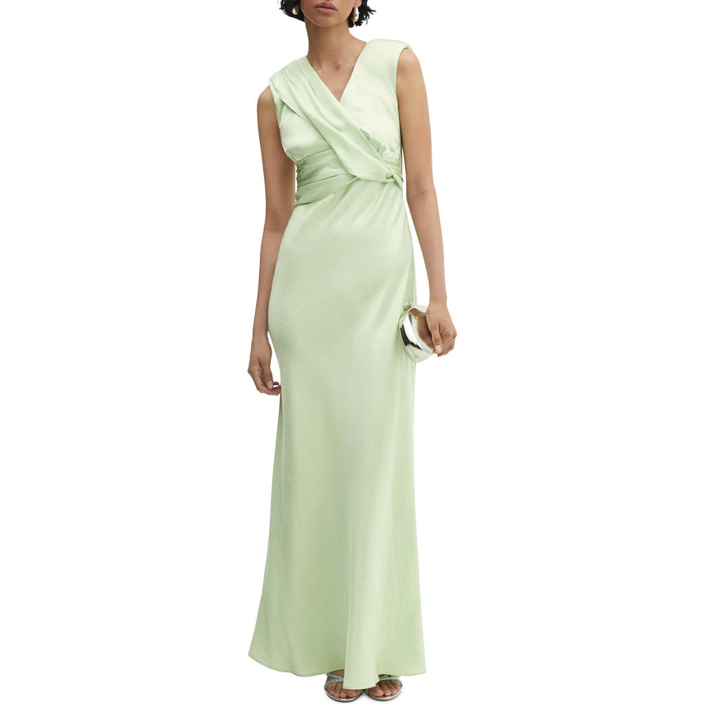 Mango Twist Waist Sleeveless Satin Gown In Green