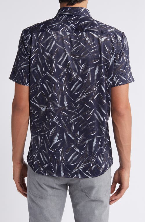 Shop Hugo Boss Boss Roan Slim Fit Leaf Print Short Sleeve Stretch Button-up Shirt In Dark Blue