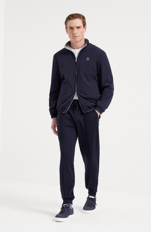 Shop Brunello Cucinelli Cashmere And Silk French Terry Trousers With Crête Detail And Elasticated Zipper  In Navy Blue