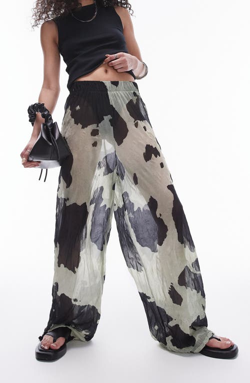 Shop Topshop Cow Print Semisheer Wide Leg Crinkle Pants In Beige Multi