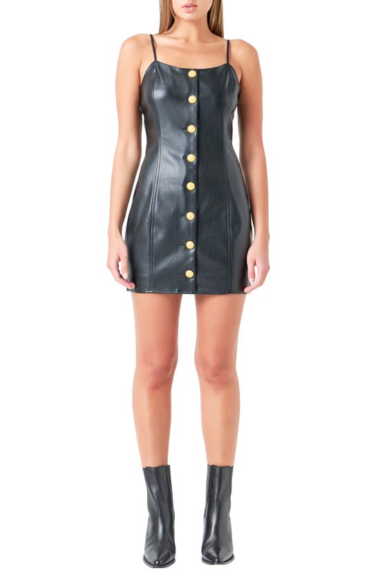 Grey Lab Front Button Faux Leather Minidress In Black