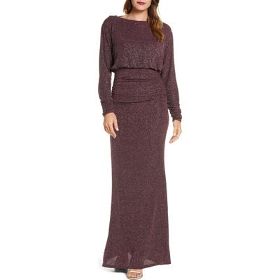 Vince Camuto Cowl Back Metallic Long Sleeve Gown, Purple