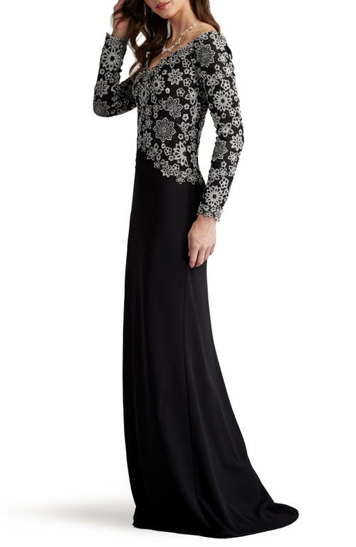 Shop Tadashi Shoji Embroidered Off The Shoulder Long Sleeve Gown In Ivory/black