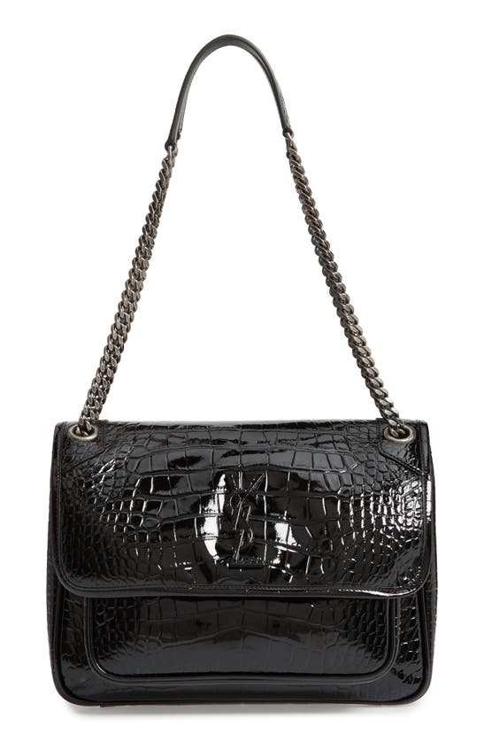 Saint Laurent Medium Niki Croc Embossed Lambskin Leather Shoulder Bag In Noir
