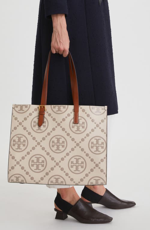 Tory Burch T Monogram Contrast Embossed Leather Tote In Longan/new Cream