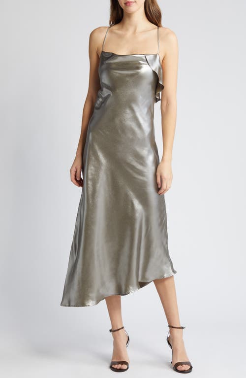 Metallic Asymmetric Hem Dress in Olive Gloss