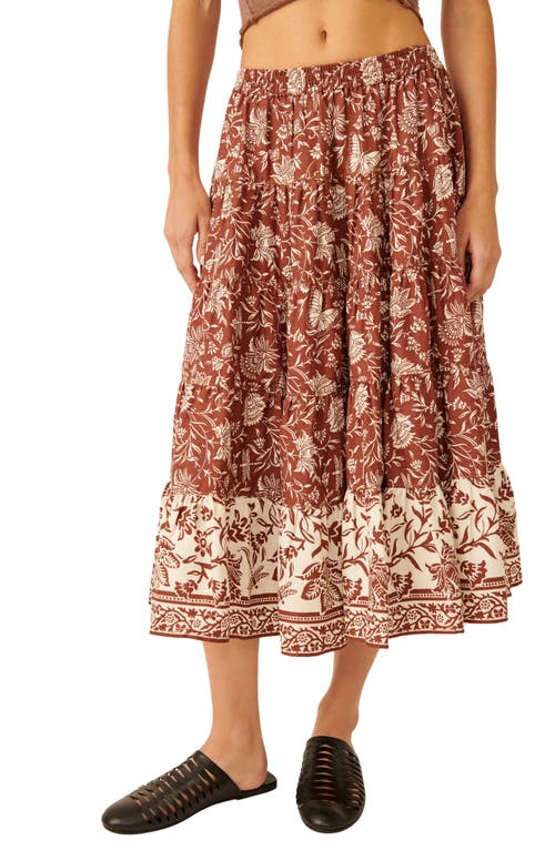 Free People Full Swing Floral Border Detail Cotton Blend Midi Skirt in Chocolate Combo at Nordstrom, Size Small