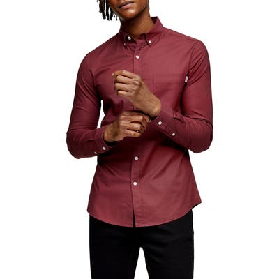 Topman Skinny Fit Button-Down Shirt, Burgundy