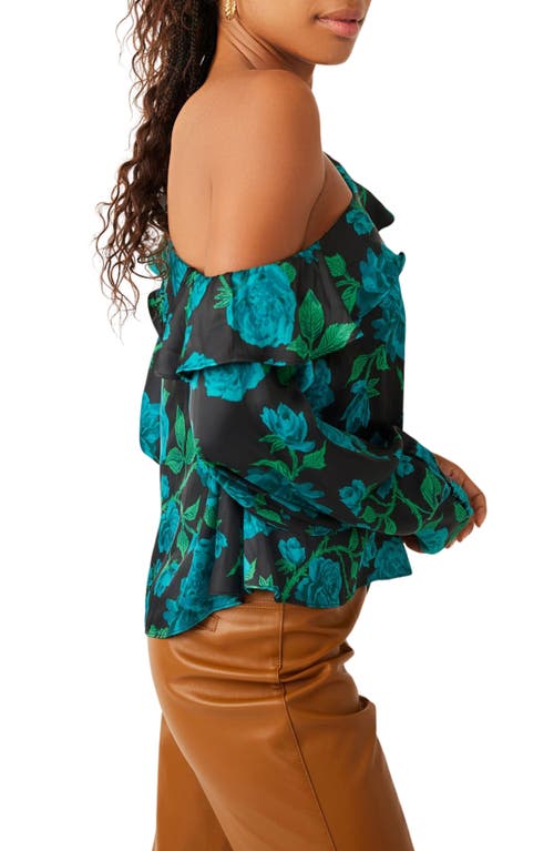 Shop Free People These Nights Floral One-shoulder Satin Top In Black/teal Combo