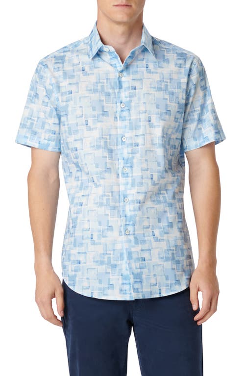 Bugatchi Orson Geometric Print Short Sleeve Stretch Button-Up Shirt Air Blue at Nordstrom,