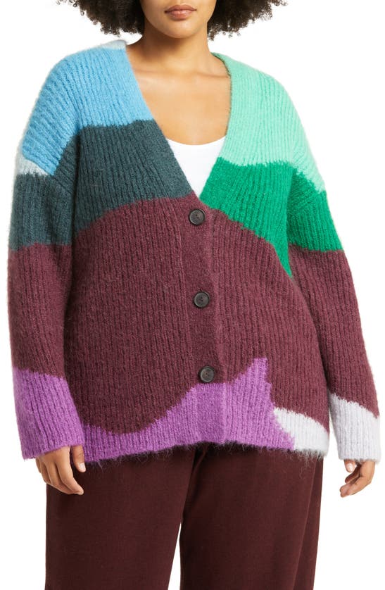 Vince Intarsia Wave Mohair Blend Cardigan In Plum Night Combo