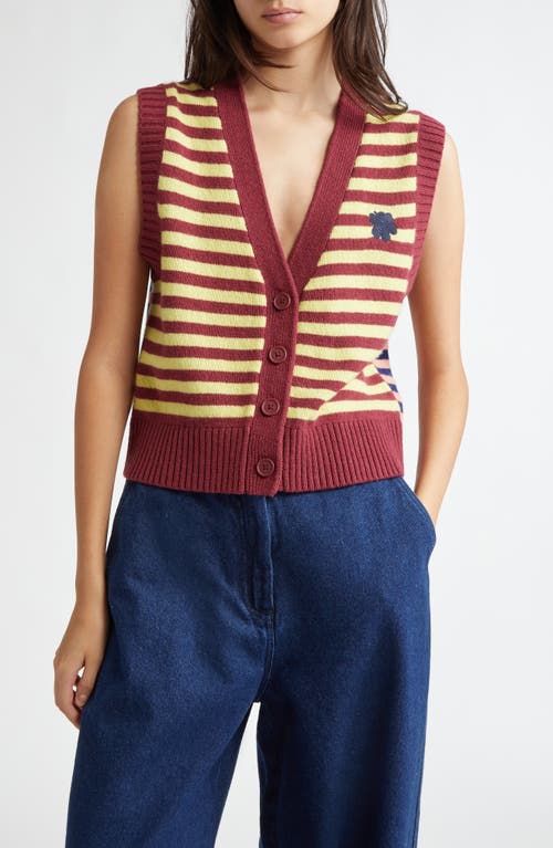 Shop Marimekko Kioski Juhla Sleeveless Wool Cardigan In Winered Yellow Blue Coral