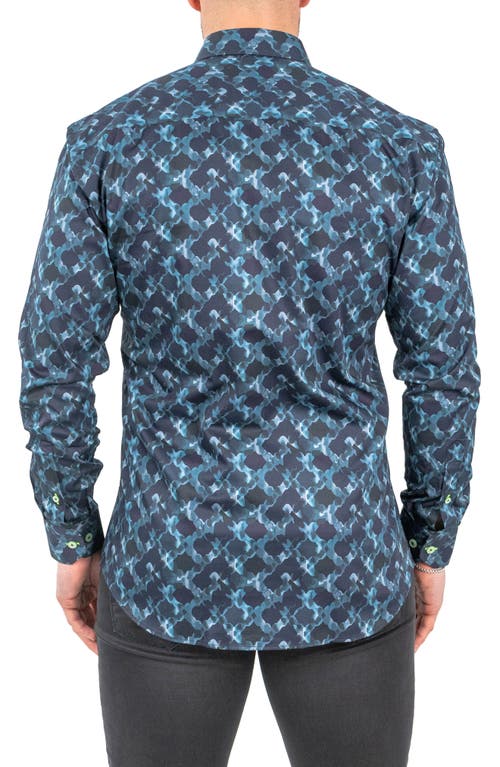 Maceoo Einstein Leaves Micro Print Blue Contemporary Fit Button-up Shirt In Blue