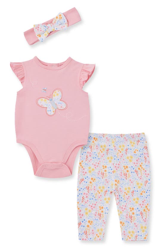 Little Me Babies' Butterfly Cotton Bodysuit, Leggings & Headband Set In Pink