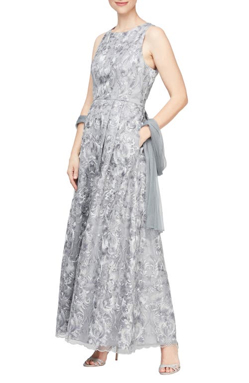 Alex Evenings Embroidered Sleeveless Formal Gown with Mesh Shawl in Pewter Frost at Nordstrom, Size 4