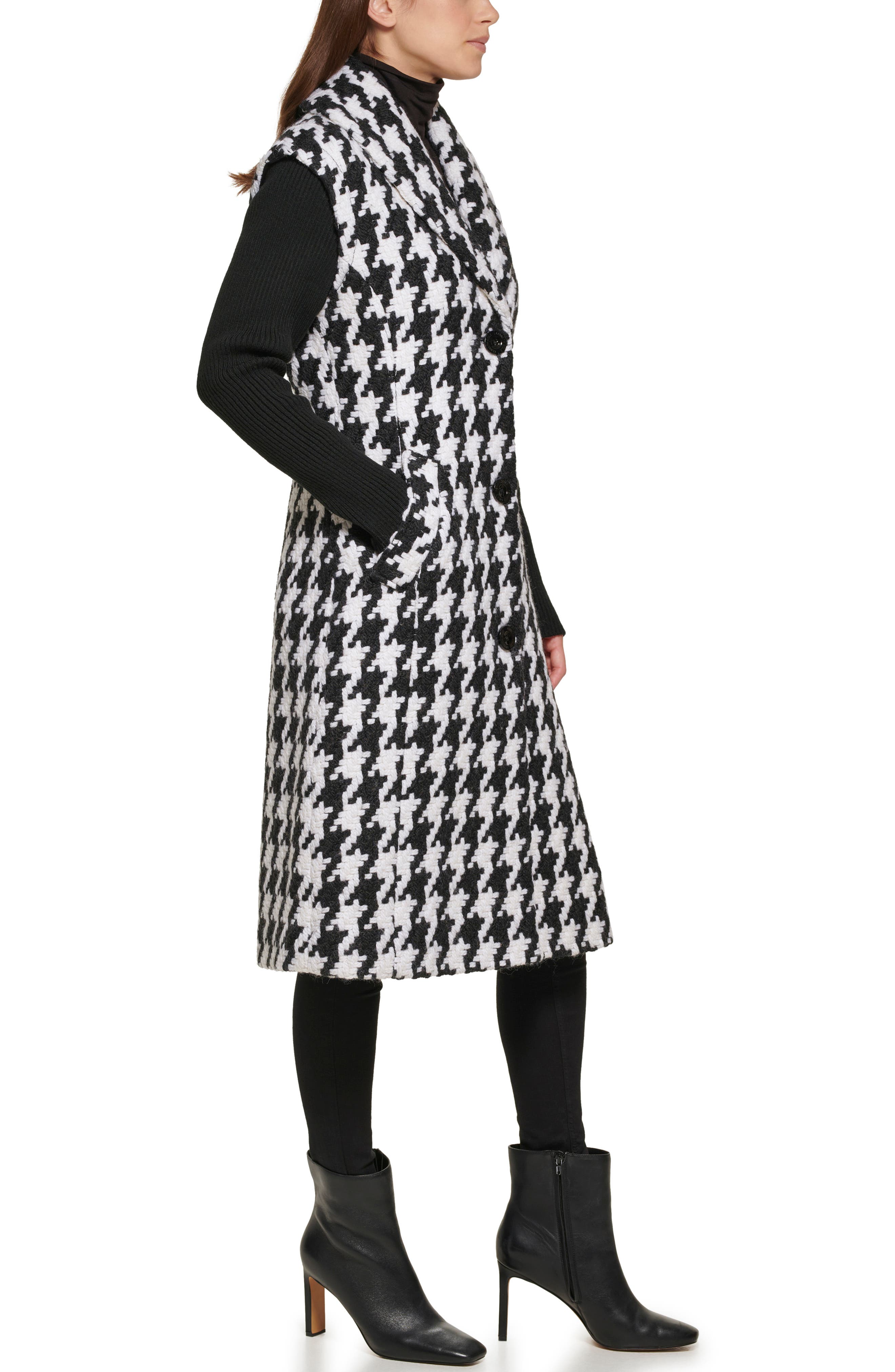 Houndstooth Rib Knit Sleeves Coat 