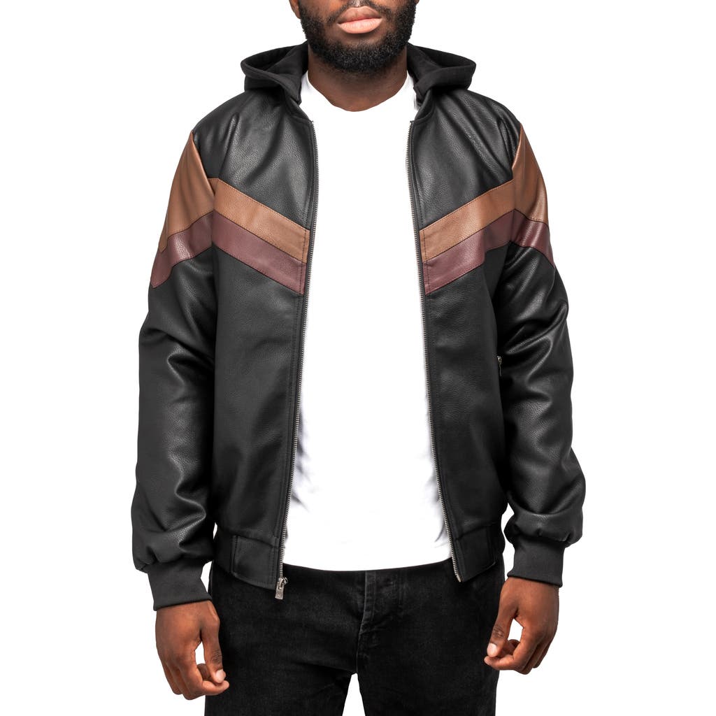 Shop X-ray Xray Chevron Stripe Faux Leather Hooded Moto Jacket With Faux Fur Lining In Black/brown