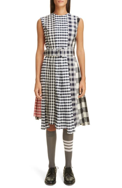 Shop Thom Browne Mixed Gingham Midi Dress In Navy