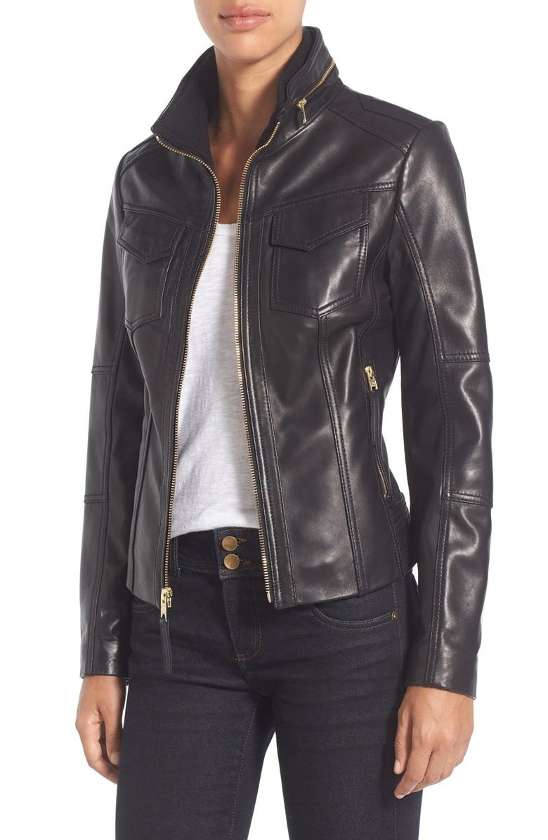 MICHAEL Michael Kors Front Zip Leather Jacket (Regular & Petite ...