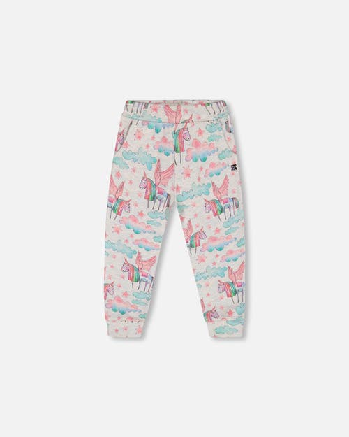 Deux Par Deux Girl's Shiny French Terry Sweatpants Gray Mix Printed Unicorn In Printed Angel Unicorns