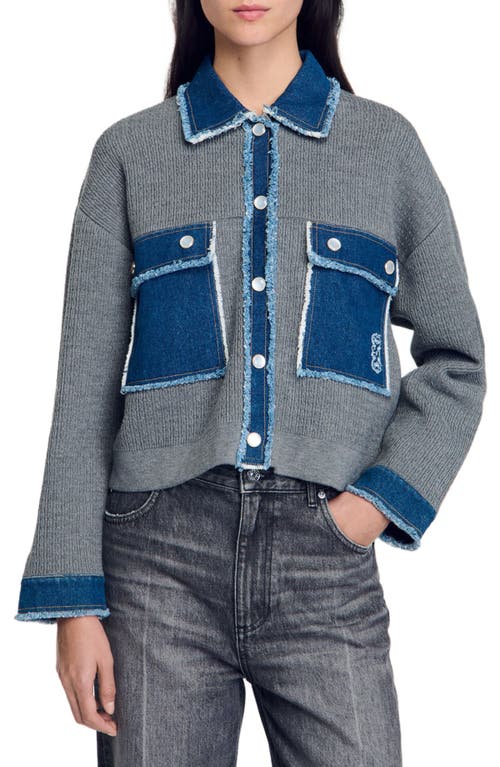 Shop Sandro Denim And Knitwear Coatigan In Grey