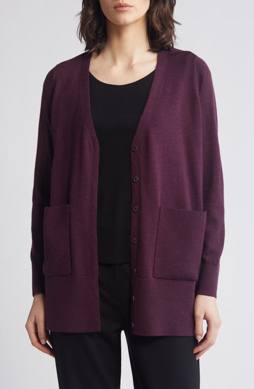 Shop Eileen Fisher V-neck Snap Front Wool Cardigan In Blackberry