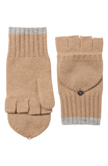 Amicale Pop Top Fingerless Cashmere Knit Gloves In Camel