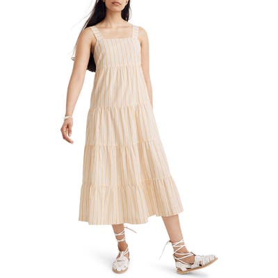 Madewell Stripe Button Back Tiered Midi Dress, Yellow