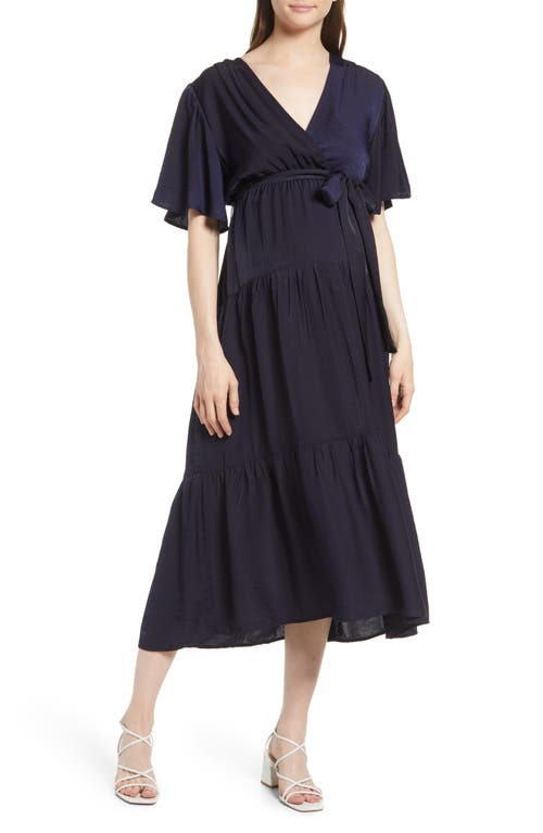 Crossover Faux Wrap Maternity Dress in Navy