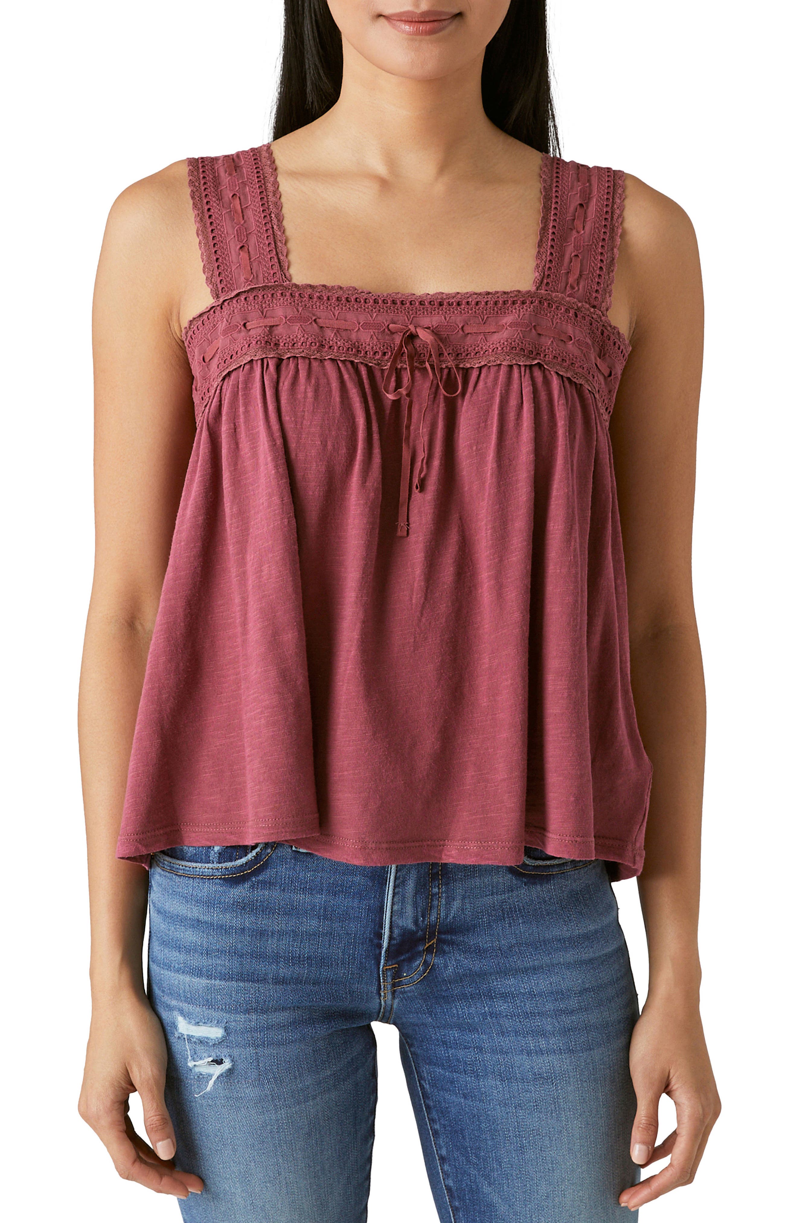 Lucky Brand Lace Trim Square Neck Tank Top in Raven