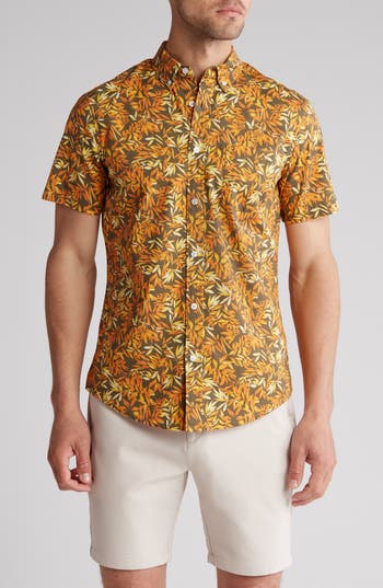 Shop 14th & Union Palms Short Sleeve Stretch Cotton Button-up Shirt In Olive- Orange Lush Palms