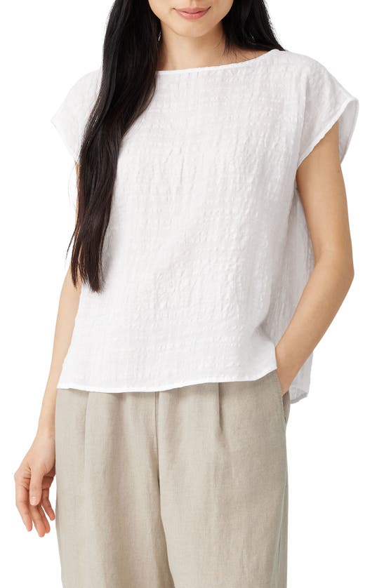 Eileen Fisher Crinkled Bateau-neck Short-sleeve Top In White