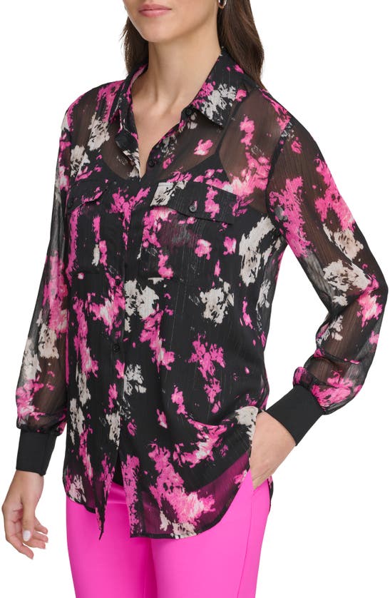 Shop Dkny Metallic Print Chiffon Button-up Shirt In Black/ Shocking Pink Multi