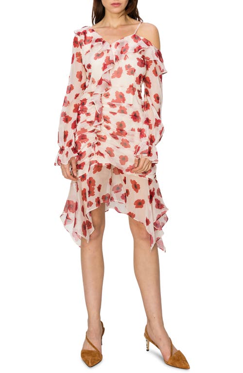 Floral One-Shoulder Long Sleeve Chiffon Dress in Ivory Red
