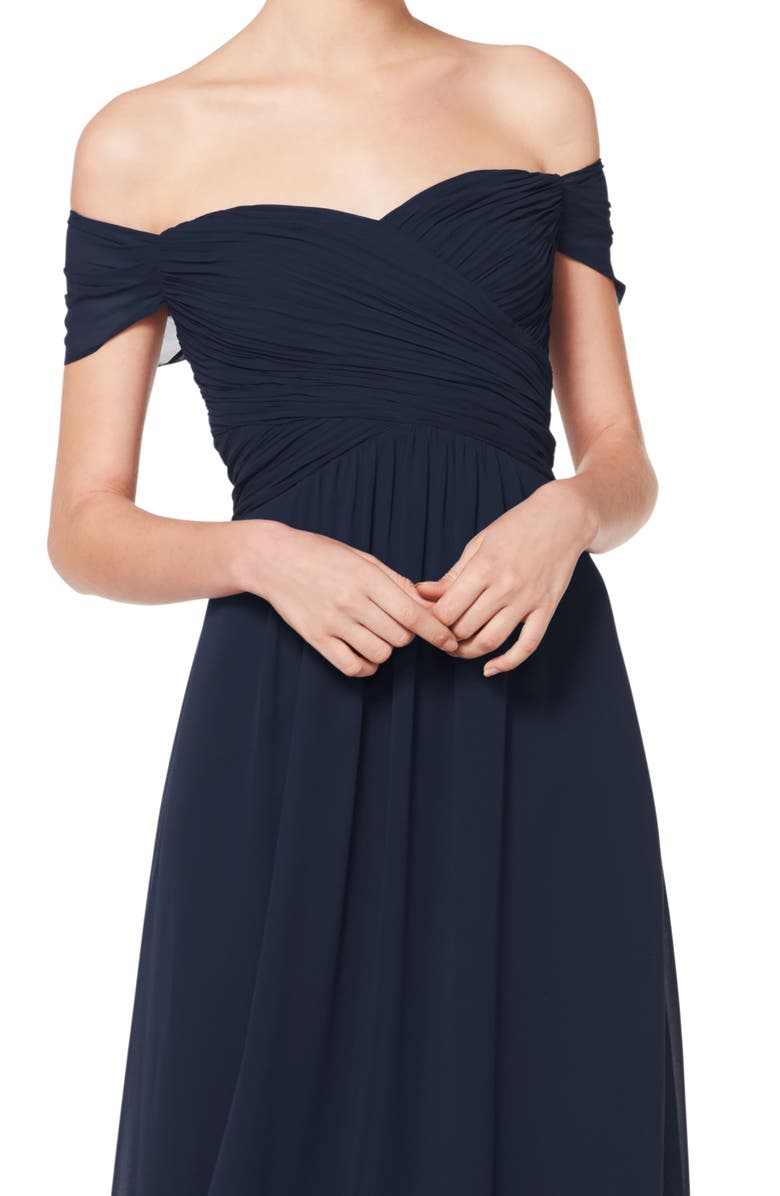 #Levkoff Off the Shoulder Chiffon A-Line Gown, Alternate, color, Navy