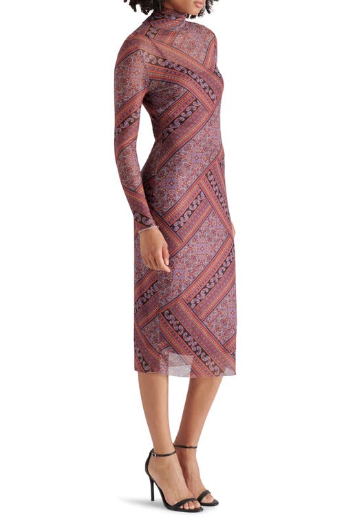 Shop Steve Madden Vivienne Scarf Print Long Sleeve Turtleneck Mesh Midi Dress In Multi