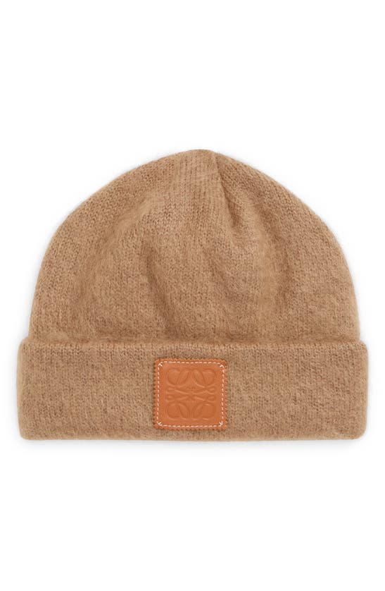 Loewe Mohair & Wool Blend Logo Patch Beanie In Beige