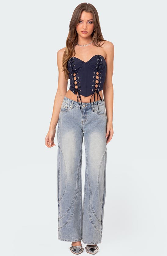 Shop Edikted Oaklynn Stitch Detail Wide Leg Jeans In Light-blue