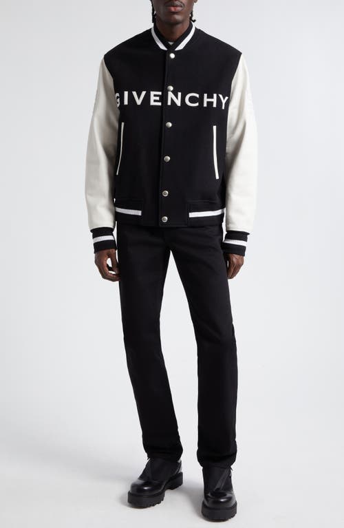 Shop Givenchy Embroidered Logo Mixed Media Leather & Wool Blend Varsity Jacket In Black/white