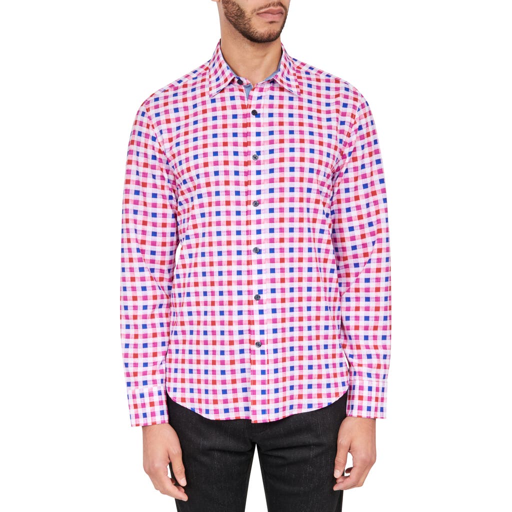 Shop Construct Slim Fit Micro Check Print Four-way Stretch Performance Button-up Shirt In Red/blue