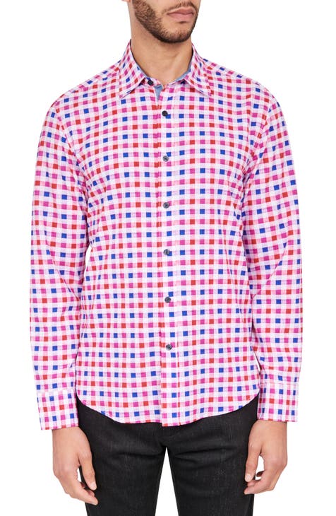 Slim Fit Micro Check Print Four-Way Stretch Performance Button-Up Shirt