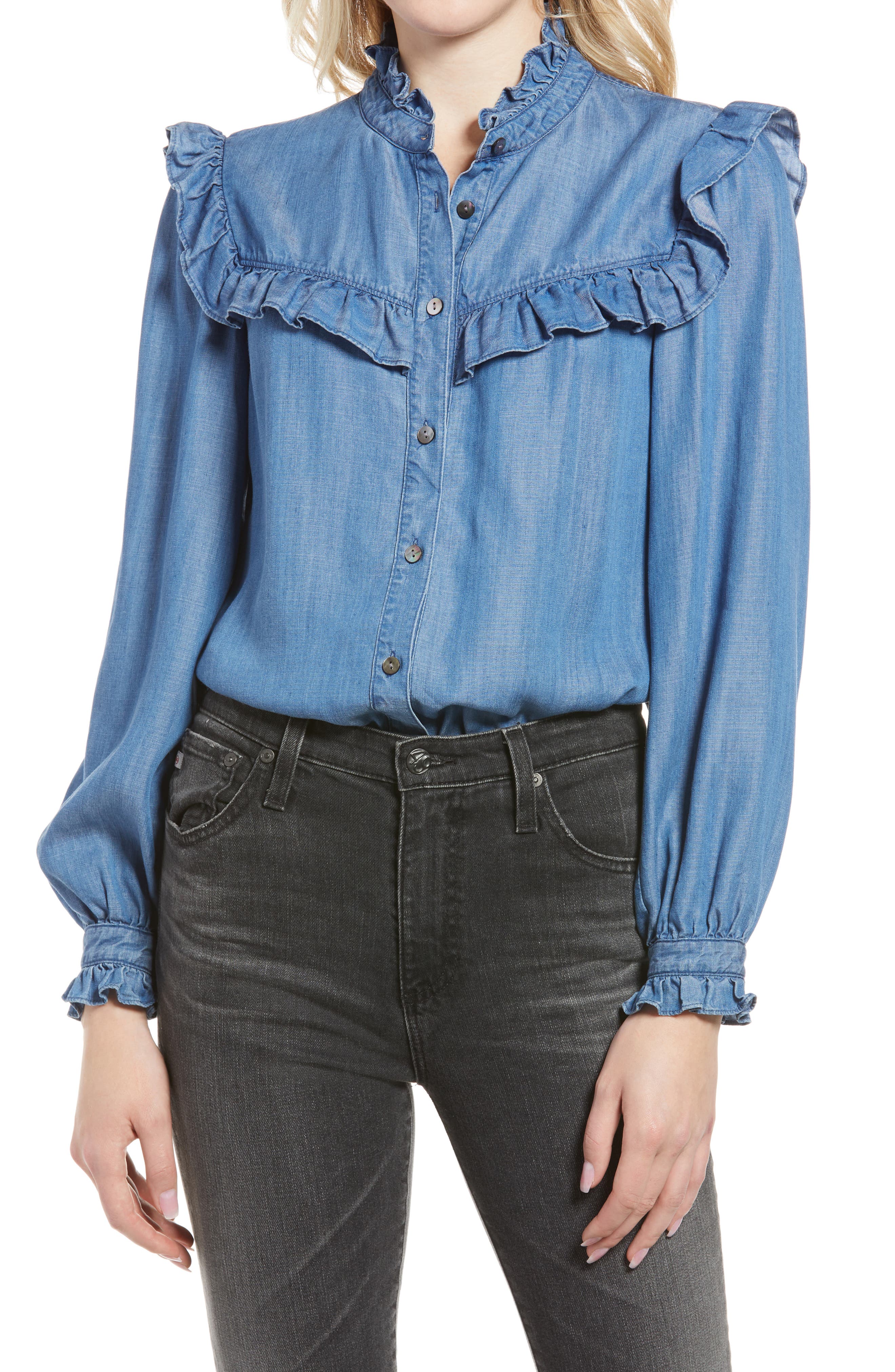 Rebecca Minkoff Linda Ruffle Chambray Button-Up Top in Medium Wash Blue at Nordstrom, Size X-Small