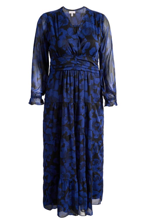 Shop Chelsea28 Floral Print Metallic Long Sleeve Maxi Dress In Black- Blue Aquarelle Floral