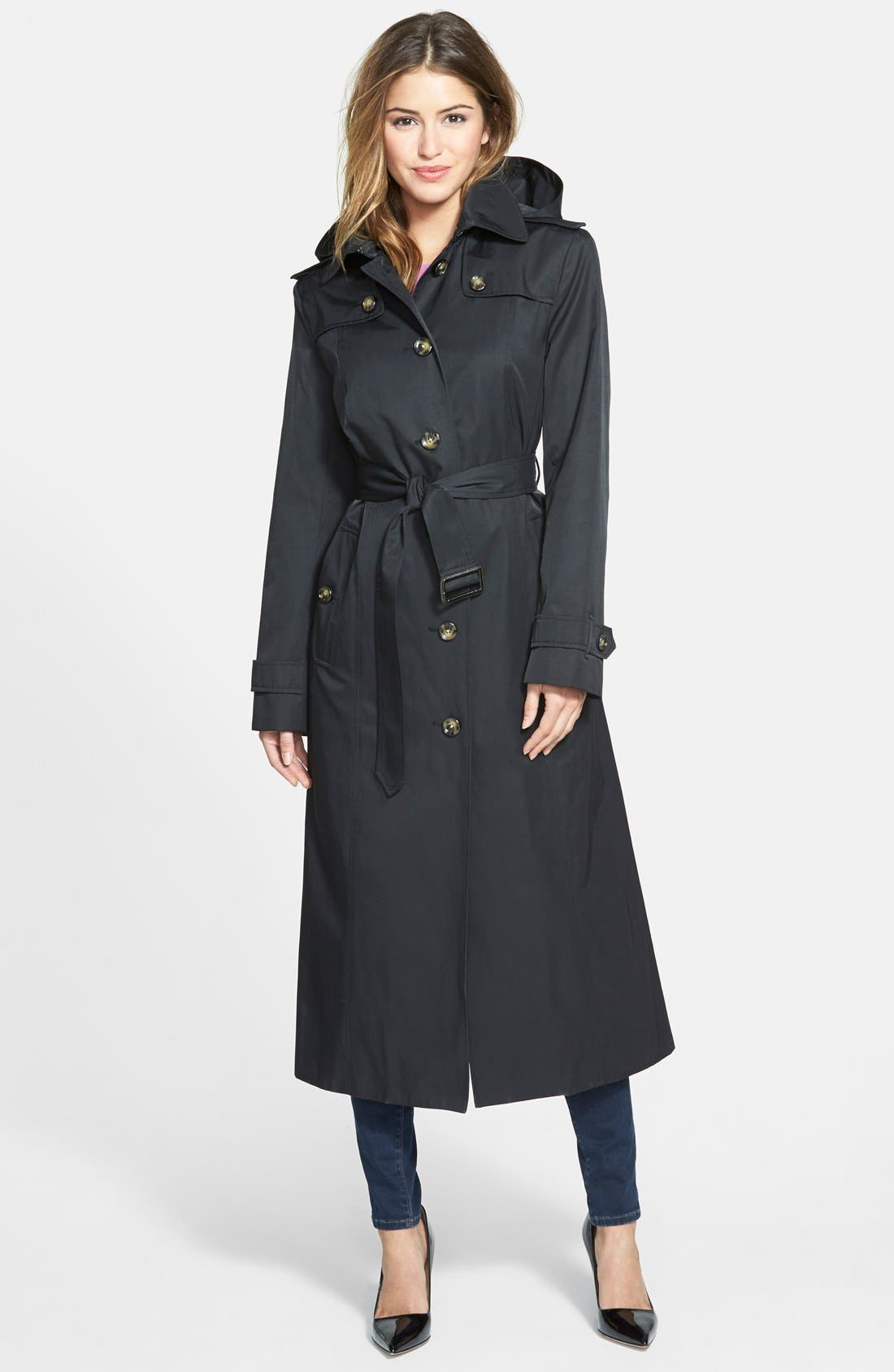 London Fog Hooded Long Single Breasted Trench Coat (Regular & Petite